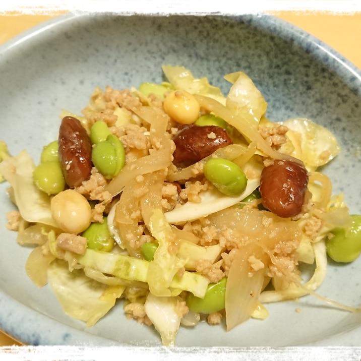 春キャベツと鶏ひき肉とミックスビーンズのサラダ